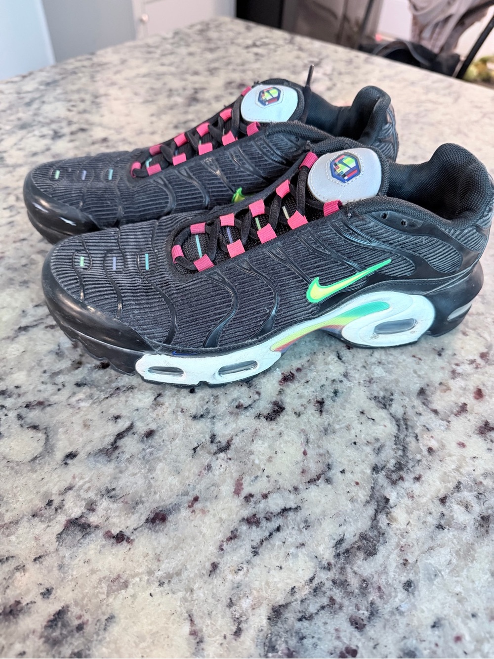 Nike Kids' Black Sneakers with Neon Green Swoosh and Pink Accents
